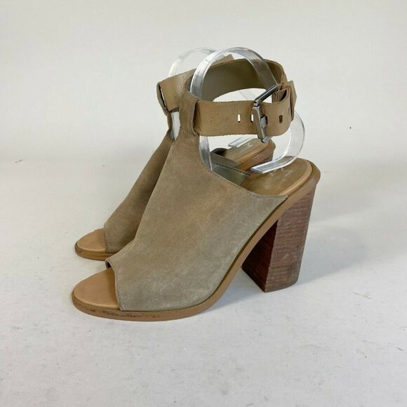 Marc Fisher Womens Vashi Ankle Strap Heels Taupe 8.5 M Leather Suede Peep Toe - Picture 1 of 11